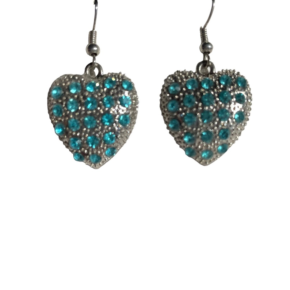 Vintage Silver-toned drop heart earrings with blue gems- OS